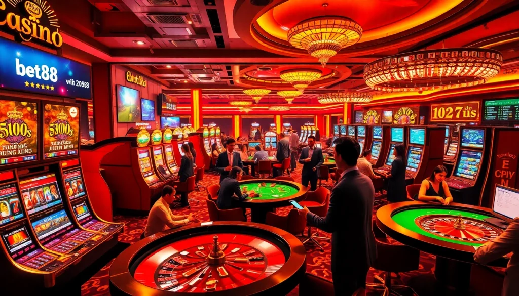 Gamblers enjoying their time at the nhà cái bet88 casino with vibrant tables and exciting gaming action.