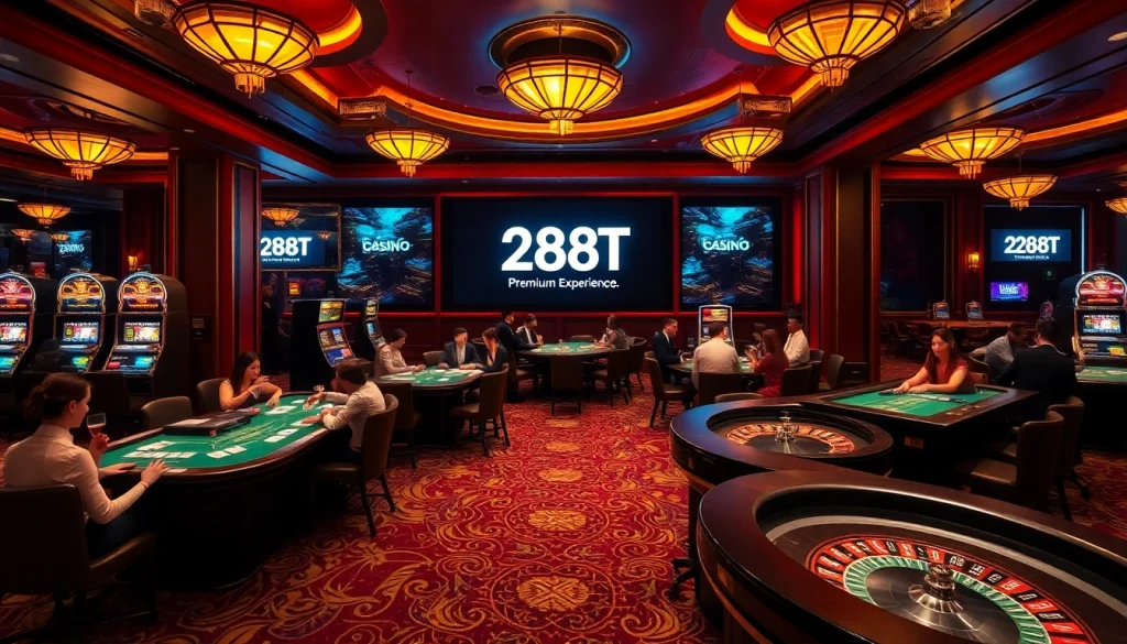 288T casino gaming scene featuring players at roulette tables, illuminated slot machines, and high-stakes poker.