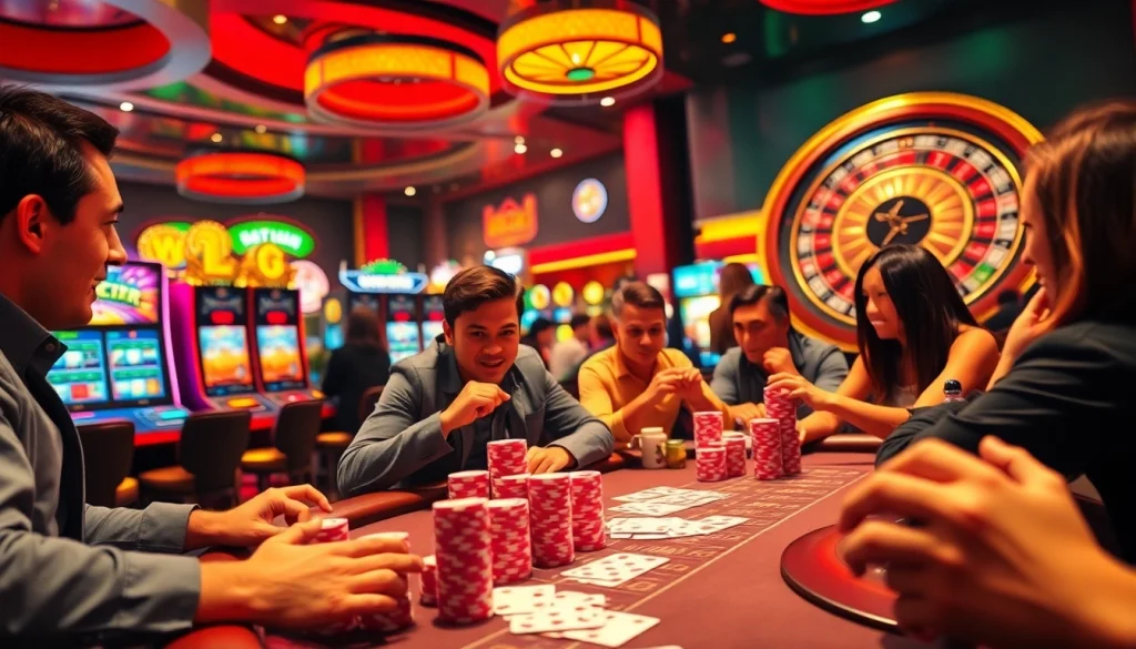 Experience the thrill of Kèo Nhà Cái 5 as players engage in a high-stakes poker game surrounded by vibrant casino elements.