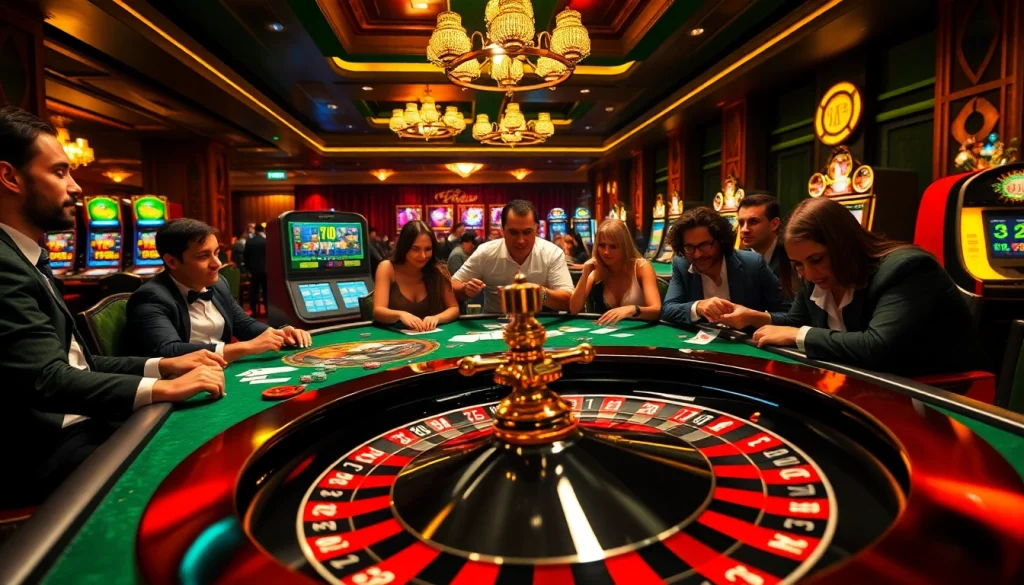Kèo Nhà Cái 5 showcases players at a thrilling poker table with a spinning roulette wheel in a luxurious casino.