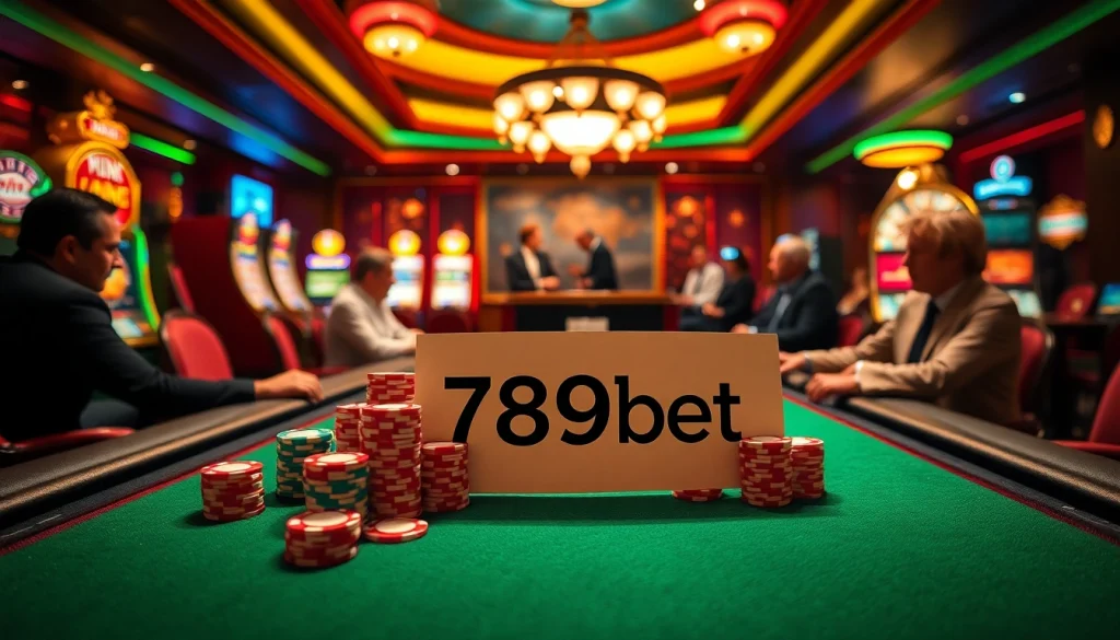 Engage in a thrilling poker game at 789bet with vibrant chips and cards, embodying casino excitement.